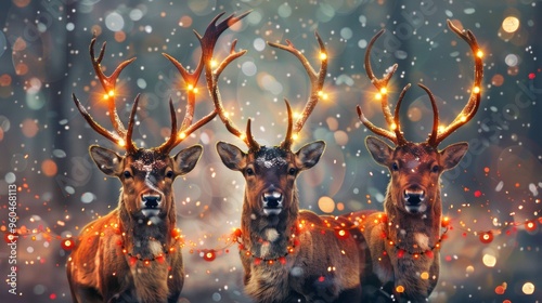 deer with christmas lights on antlers in winter snow background