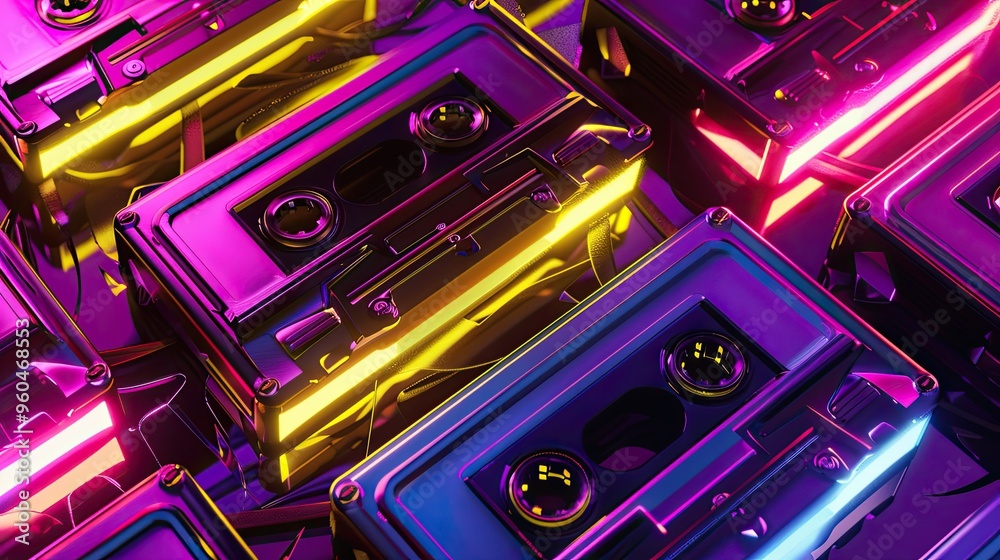 Obraz premium Retro 80s background with neon cassette tape patterns on a gradient of purple pink yellow