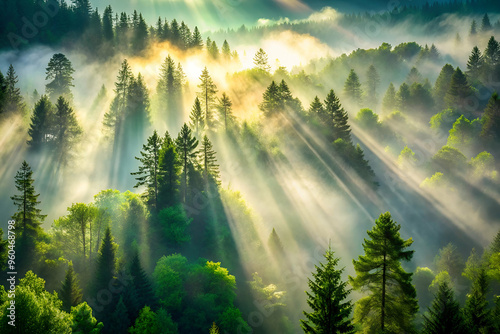 The sun is shining through the trees, creating a beautiful and peaceful scene. The light is casting a warm glow on the forest floor, and the trees are bathed in a golden light