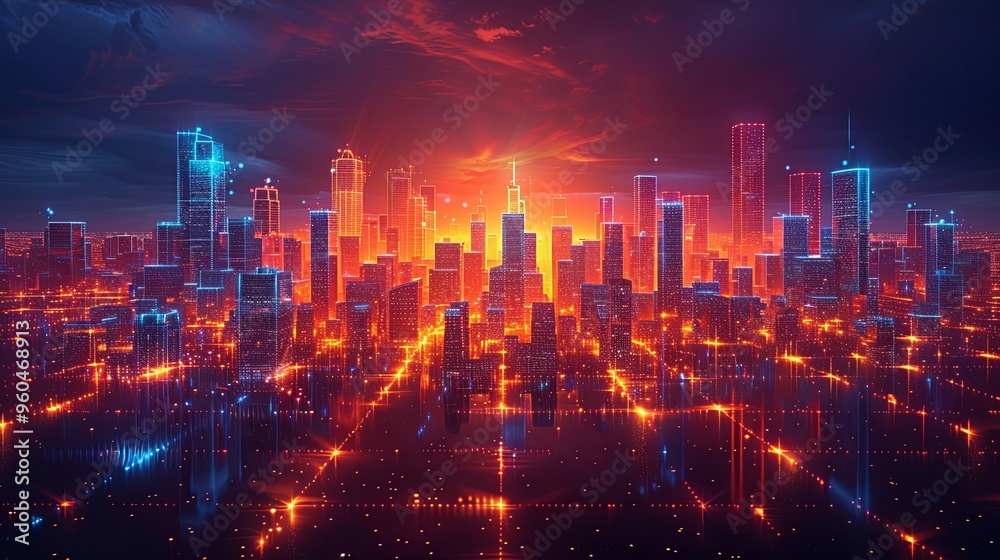 Fototapeta premium Urban 3D panorama - architectural background illustration. The city center is residential, business environment. Apartment rental - advertising background with glowing lines of transport