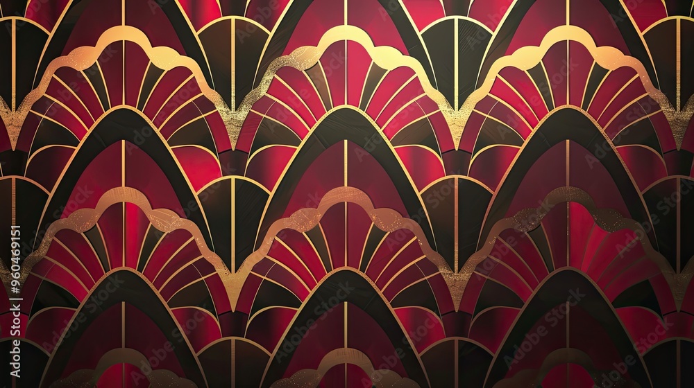 Art Deco background with bold black and gold fan designs on deep red and burgundy gradients Art Deco background with bold black and gold fan designs on deep red and burgundy gradients