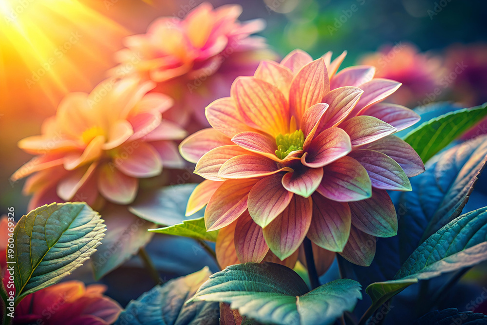 A bouquet of flowers with a bright pink and yellow flower in the center. The flowers are surrounded by green leaves and the overall mood of the image is cheerful and vibrant A bouquet of flowers with a bright pink and yellow flower in the center. The flowers are surrounded by green leaves and the overall mood of the image is cheerful and vibrant