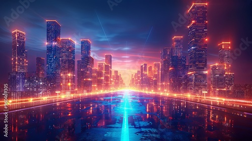 Wallpaper Mural Urban 3D panorama - architectural background illustration. The city center is residential, business environment. Apartment rental - advertising background with glowing lines of transport Torontodigital.ca