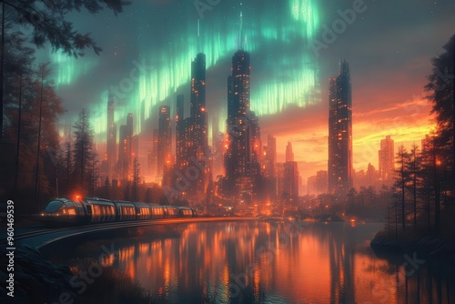 vibrant aurora borealis dancing over a futuristic cityscape sleek skyscrapers reflecting in mirrorlike lakes advanced transportation pods zipping between buildings