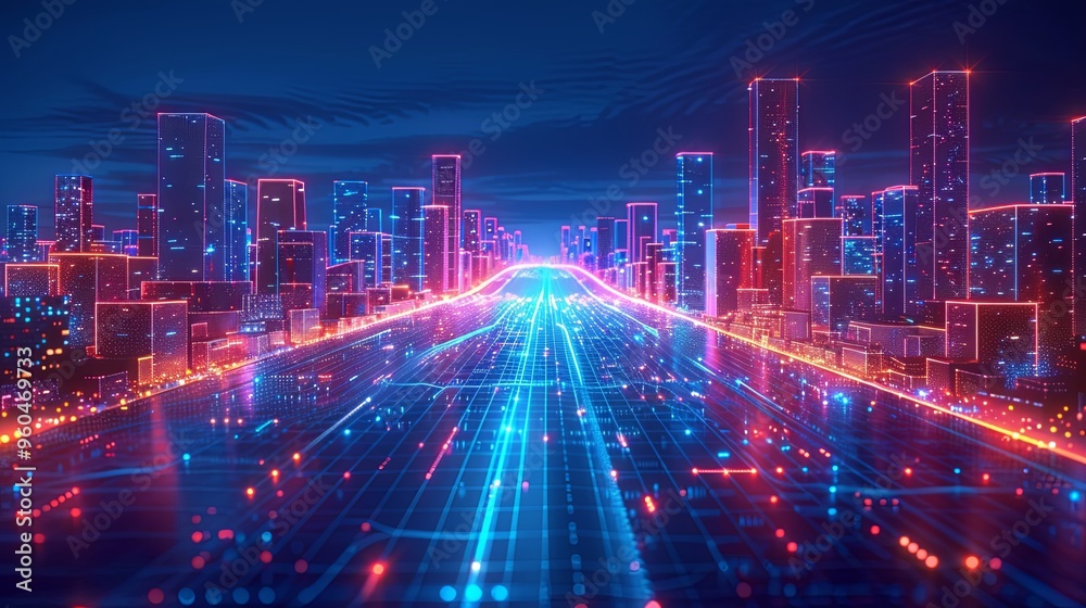 Urban 3D panorama - architectural background illustration. The city center is residential, business environment. Apartment rental - advertising background with glowing lines of transport