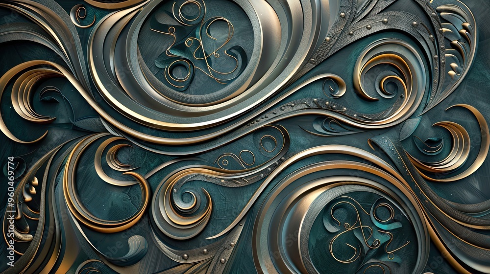 Luxurious Art Deco background with silver and gold patterns over deep blue hues