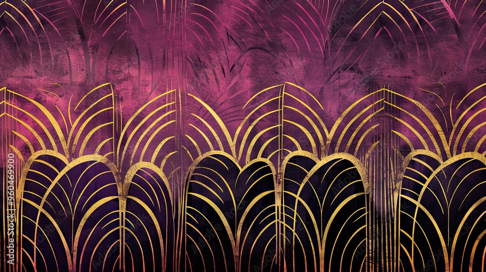 Wave-like designs in gold and black over a purple and magenta Art Deco background Wave-like designs in gold and black over a purple and magenta Art Deco background