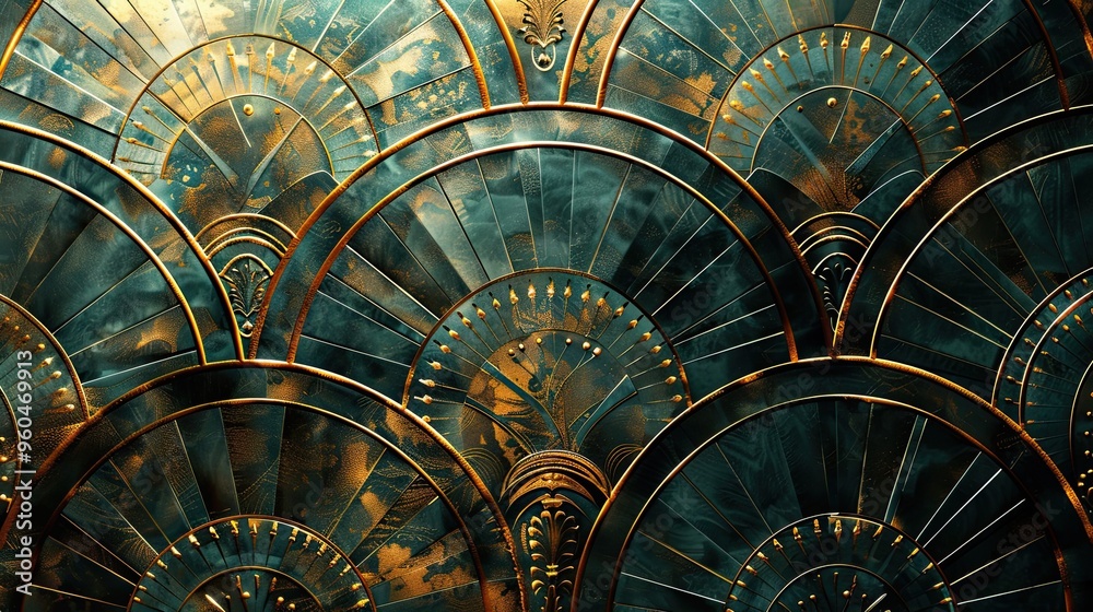 Fototapeta premium Bronze circular patterns highlighted by glowing effects on an emerald backdrop