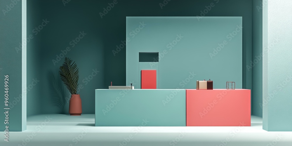 Fototapeta premium Minimalist blue and red room with a plant.