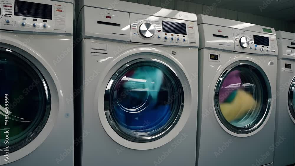 Washing machines in a modern laundry room showcasing colorful clothes in motion inside the glass doors Washing machines in a modern laundry room showcasing colorful clothes in motion inside the glass doors