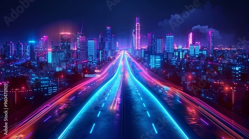 Urban 3D panorama - architectural background illustration. The city center is residential, business environment. Apartment rental - advertising background with glowing lines of transport