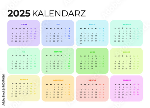 Colorful bright calendar 2025 in Polish language. Vector template of corporate wall or desk calendar in bright colors