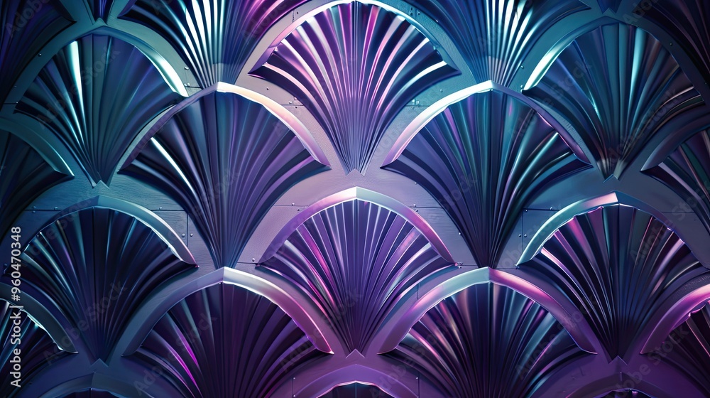 Silver fan designs on a deep blue and teal gradient Art Deco background