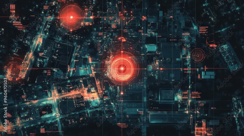 A digital radar display over a corporate campus, with each radar blip representing different business units and their performance A digital radar display over a corporate campus, with each radar blip representing different business units and their performance