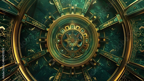 Gold radial motifs on a deep green and sapphire Art Deco background