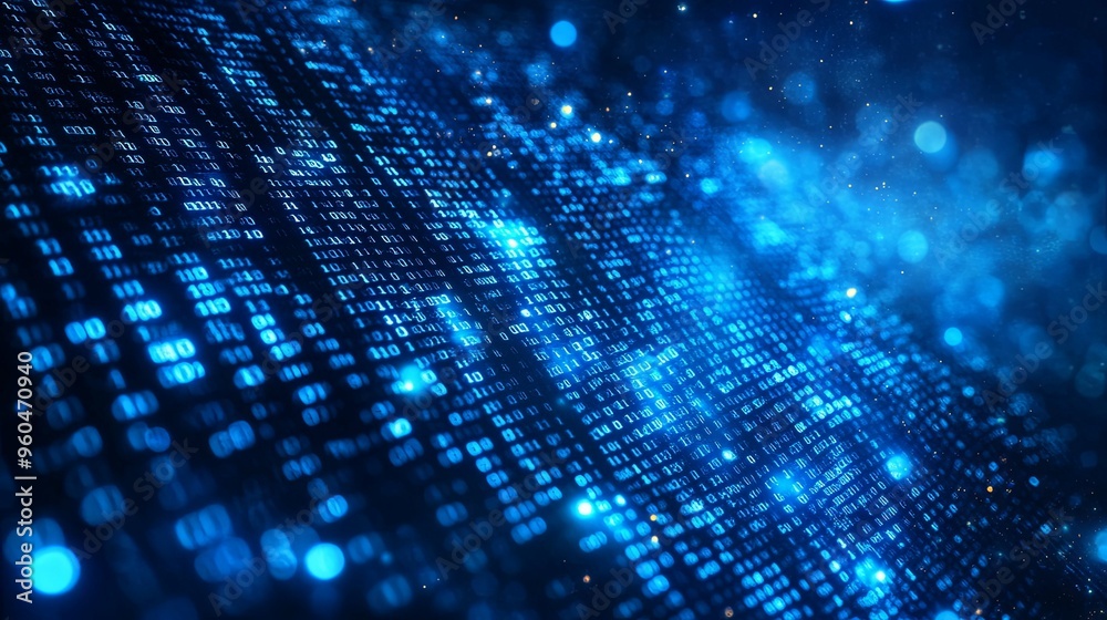 Blue Binary Code with Glowing Lights and Bokeh
