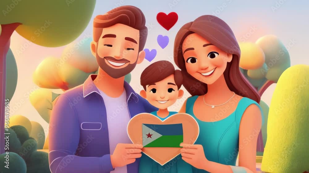 A Family Holding A Heart-Shaped Frame With Djibouti Flag, 3D Rendered A Family Holding A Heart-Shaped Frame With Djibouti Flag, 3D Rendered