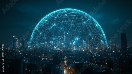 A Connected City Skyline with a Futuristic Network Dome