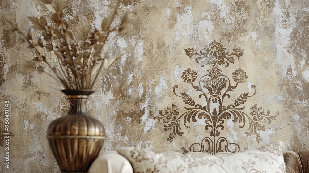 Intricate baroque patterns in muted tones on an aged vintage wallpaper background Intricate baroque patterns in muted tones on an aged vintage wallpaper background