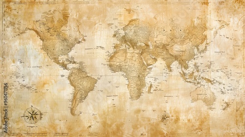 Antique world map wallpaper in sepia tones with intricate script and a worn texture