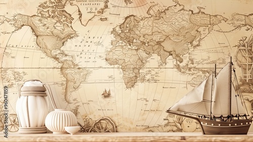 Fototapeta Naklejka Na Ścianę i Meble -  Sepia-toned world map wallpaper with intricate details and a distressed texture