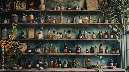 Hand-painted mural of an old-world apothecary with antique bottles and herbs vintage feel