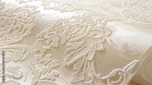 Intricate lace embossing on a Victorian wallpaper backdrop aged for a timeless feel