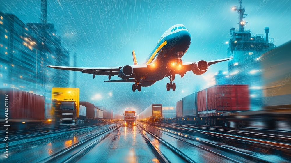 Dynamic image of a cargo plane landing on a rainy night, illuminated by city lights and surrounded by shipping containers and trucks. Dynamic image of a cargo plane landing on a rainy night, illuminated by city lights and surrounded by shipping containers and trucks.