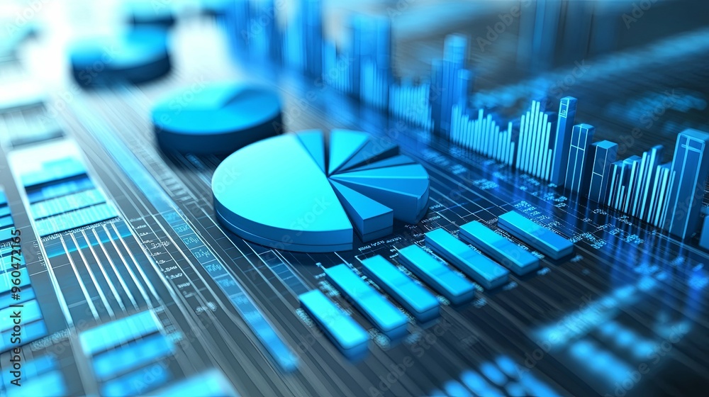 Blue 3D Pie Chart and Bar Graph on a Black and White Background Blue 3D Pie Chart and Bar Graph on a Black and White Background