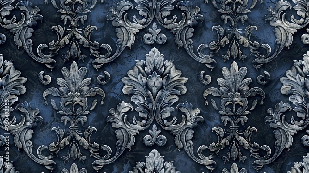 Moody Baroque wallpaper in deep sapphire with silver damask patterns floral and acanthus motifs