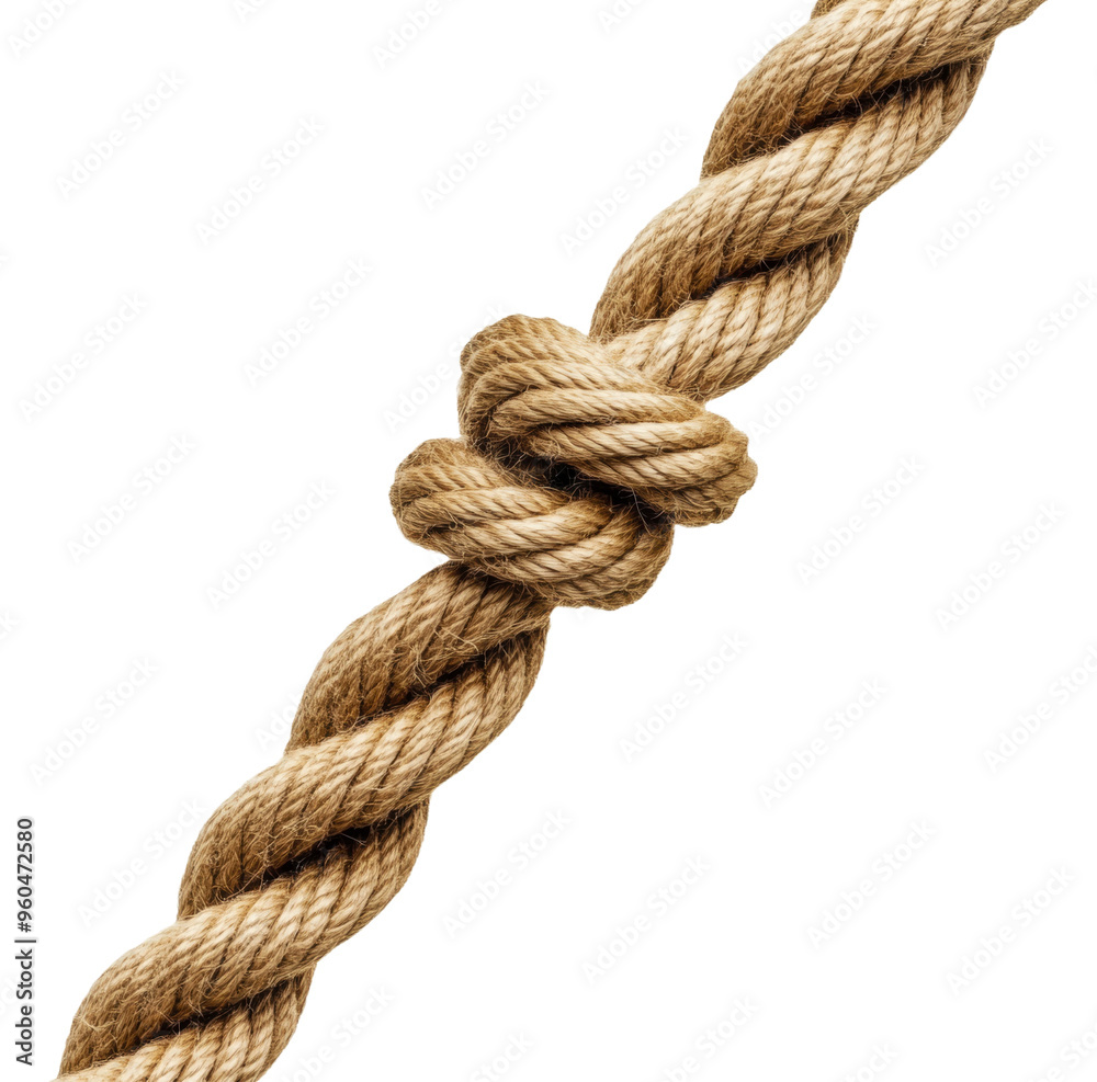 Twisted twine knot on natural fiber rope hanging, cut out - stock png. Twisted twine knot on natural fiber rope hanging, cut out - stock png.