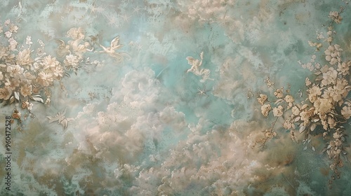 Baroque celestial scene with cherubs and stars featuring soft pastels and gold highlights for a divine touch photo