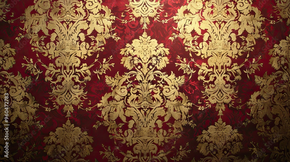 Rich ruby red and gold Baroque wallpaper featuring detailed floral and vine patterns for a sophisticated luxurious feel Rich ruby red and gold Baroque wallpaper featuring detailed floral and vine patterns for a sophisticated luxurious feel