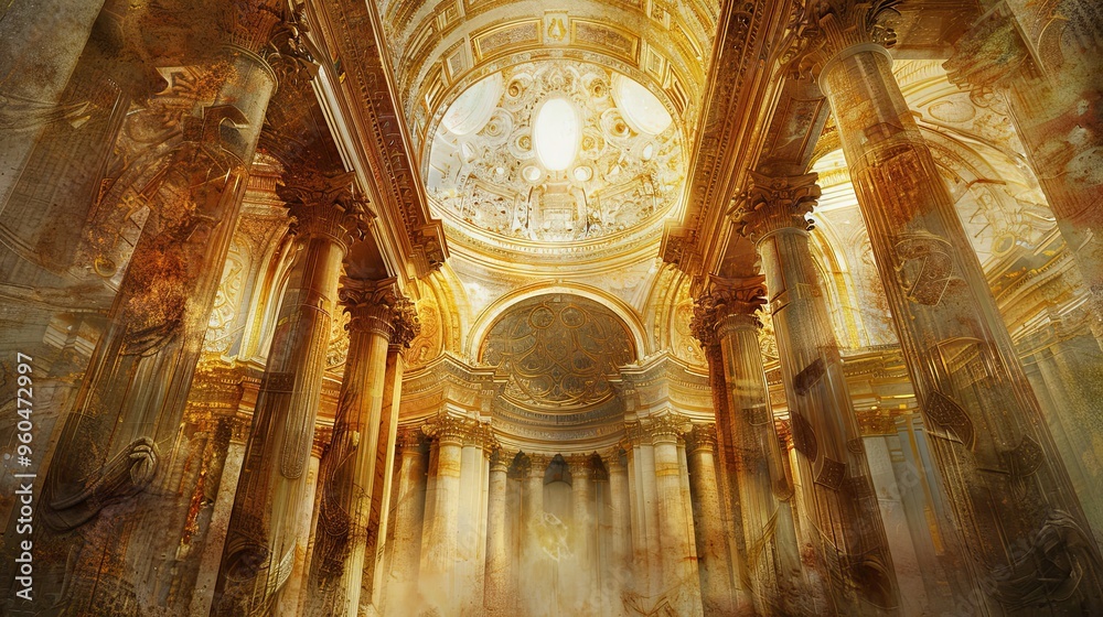 Obraz premium Baroque fresco of a grand cathedral interior with ornate columns arches and gold accents in muted warm tones for a majestic atmosphere