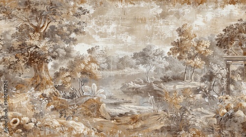 Tapestry-style Baroque wallpaper with pastoral life scenes in rich earth tones and gold accents for a rustic timeless look