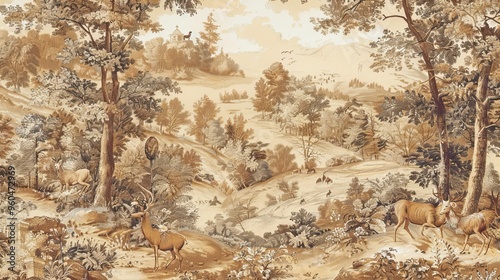 Pastoral scenes in earth tones with gold details on a Baroque tapestry wallpaper exuding rustic charm