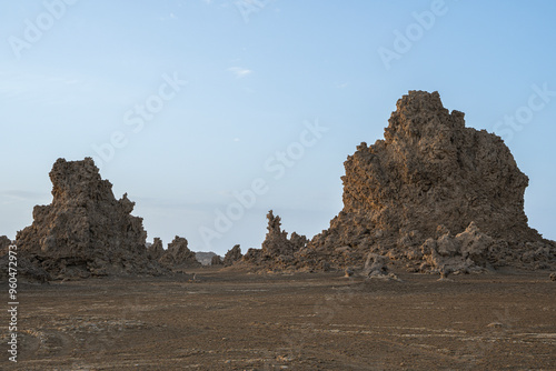 Sunrise around the Volcanic Chimneys of Lake Abbe aka Lac Abbe Bad, Djibouti, East Africa, Horn of Africa photo