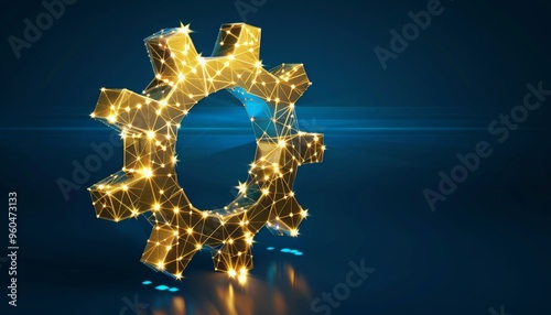 Digital gold 3D gear crank icon in low poly wireframe, smart ai machinery, mechanical systems and automation processes, automated workflow management. Innovation in Manufacturing and Robotics.
