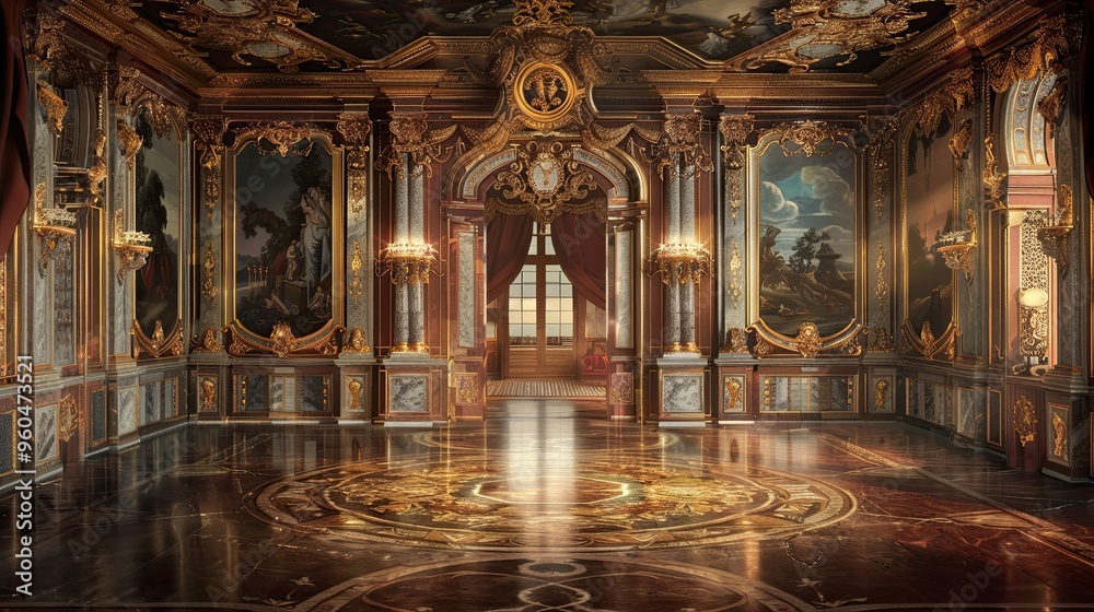 Obraz premium Backdrop showing a Baroque mural of a classical art gallery with gold accents