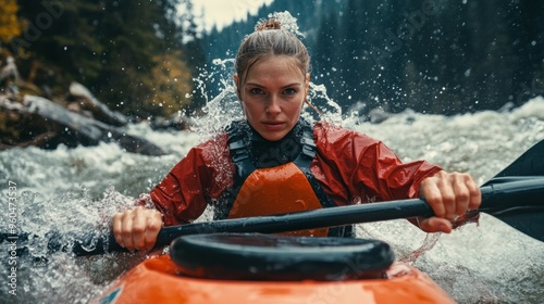 A kayaker rafting struggling with water splashes in boat in rapid river in mountain