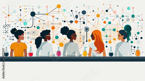 Women and girls from different races and ethnicities working in computer science, data and laboratory. Breaking science bias concept illustration