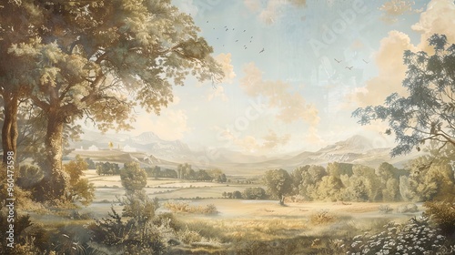 Baroque fresco of a tranquil countryside scene in muted tones and gold accents