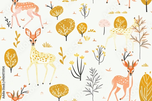 Cute deer and tree seamless pattern, ideal for fabric, wallpaper, or children’s design.