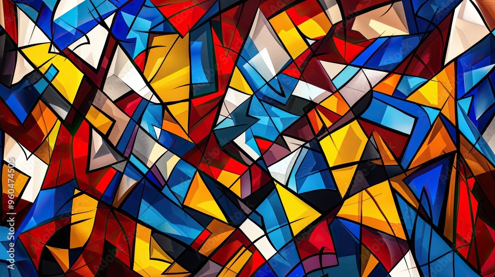 Vibrant Cubist Background With Angular Shapes In Primary Colors Like 
