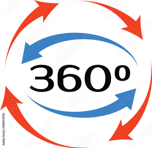 Blue and red arrows turning around number 360, symbolizing full coverage, a complete cycle and continuous workflow