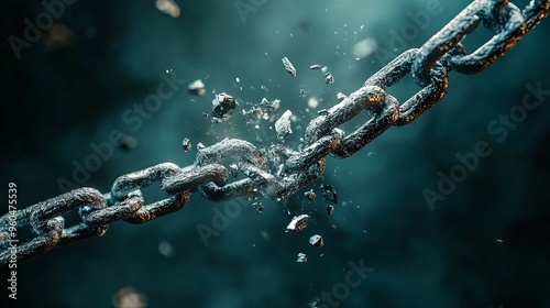 A Broken Metal Chain With Scattered Pieces Against a Dark Blue Background