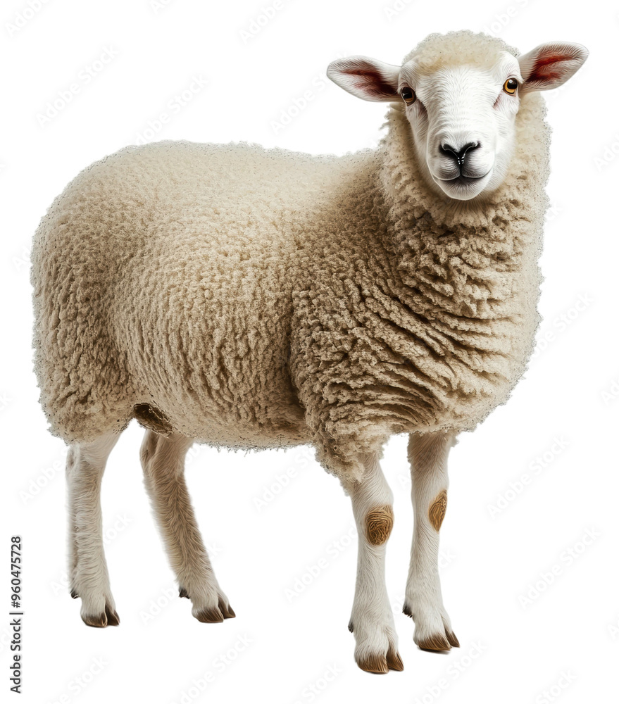 Sheep standing on white background indoors, cut out - stock png. Sheep standing on white background indoors, cut out - stock png.