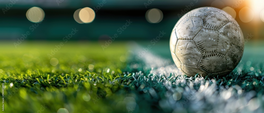 Fototapeta premium Vibrant Soccer Ball at Edge of Pristine Football Field with Lush Green Grass