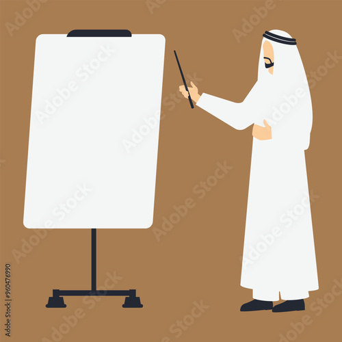 An illustration of a man in traditional Arabic clothing points to a blank whiteboard, presenting, or teaching. This simple vector illustration is a perfect depiction of a business meeting, seminar