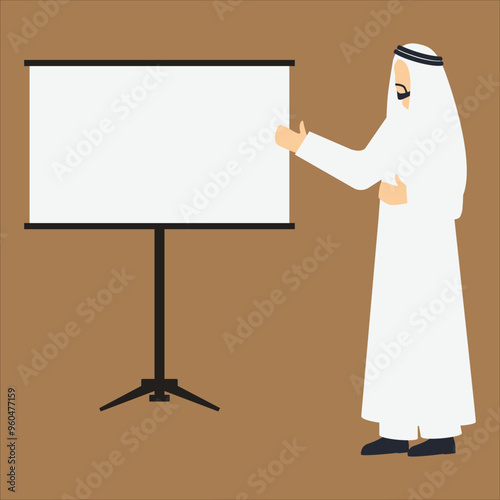 An illustration of an Arabic man in traditional clothing standing in front of a whiteboard, giving a presentation